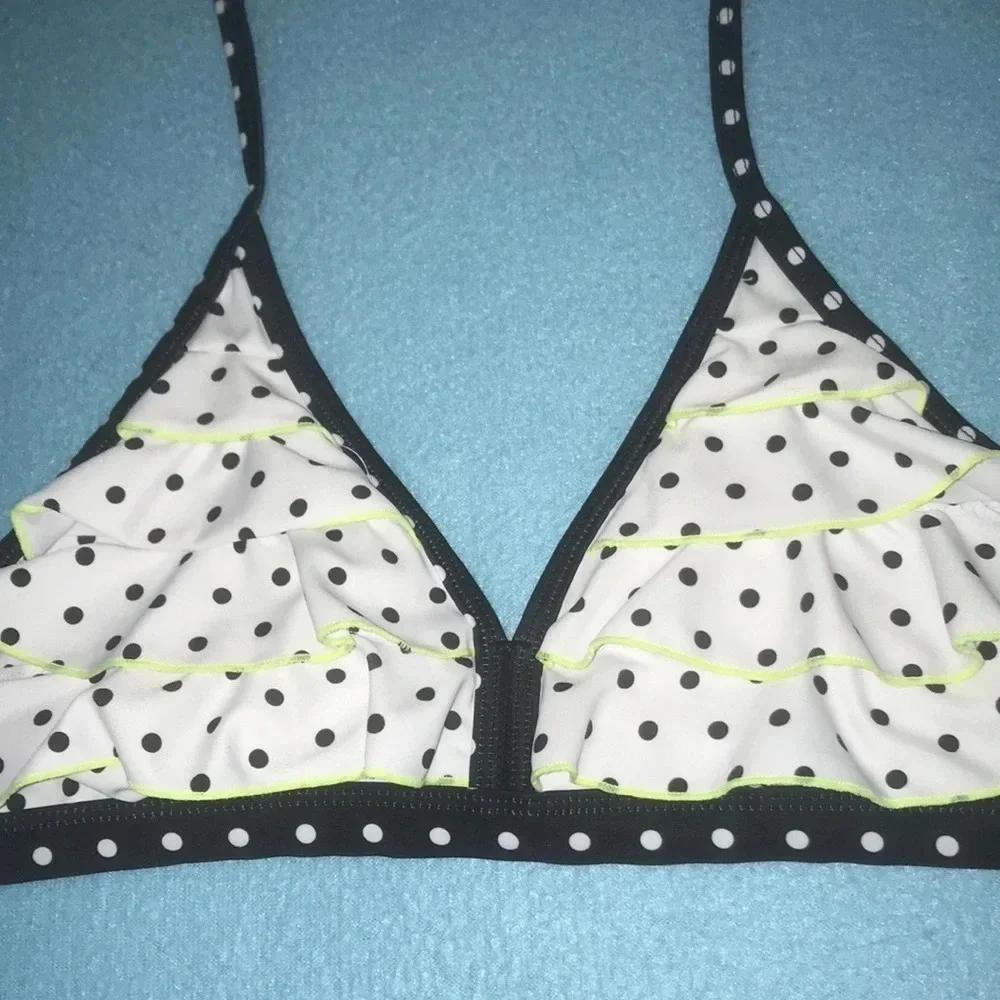 JUSTICE Swim top black white and neon green polka dots size 14